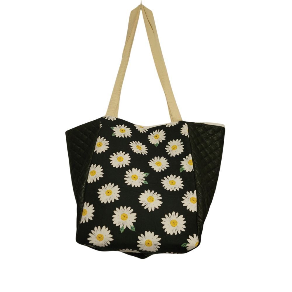 Daisy Print Canvas Tote Bag with Quilted Sides Beach Summer Shoulder Bag